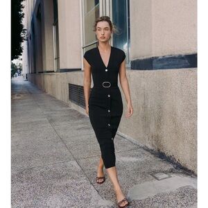 Zara Black Stretch Belted Midi Dress